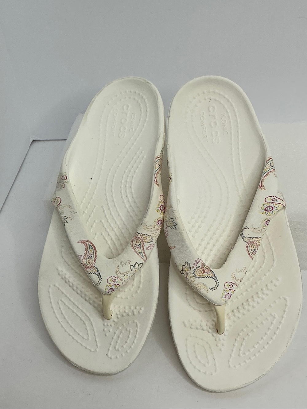 CROCS Women's Cream Flip Flop Sandals with Paisley Strap